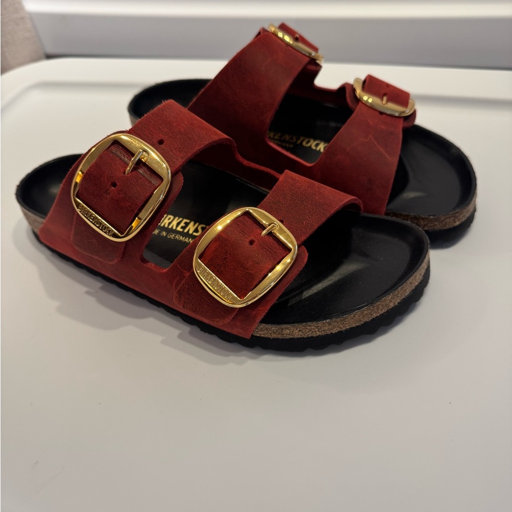 Birkenstock Red Sandals with Gold Buckles